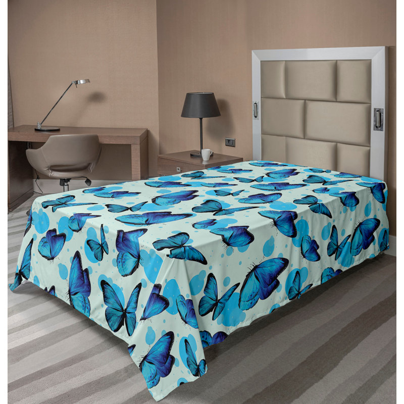 Drap plat Ambesonne Spring avec papillons et éclaboussures de bleu de cobalt et de turquoise, Drap plat simple très long