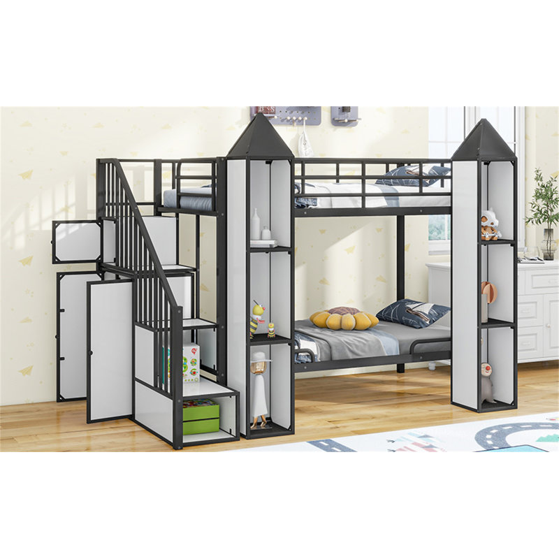 Lit superposé en métal en forme de château avec garde-robe et rangement multiple, White/Black