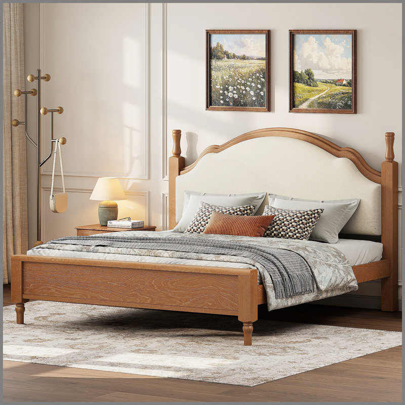 Lit plateforme très grand en bois avec tête de lit tapissier, structure brune et tissu beige, Très grand lit, Beige/brun