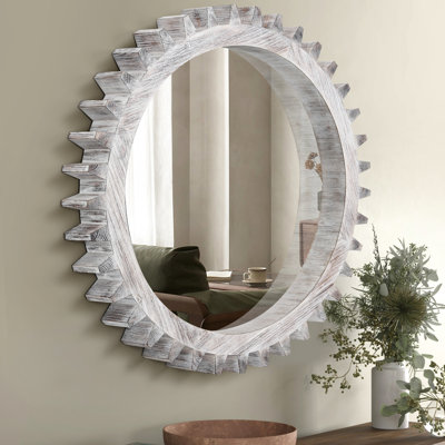 Oversized 42'' X Decorative Round Mirror - Vintage Gear Inspired For Bathroom, Living Room, Entry Antique White Finish Heavy Home Decor Wash