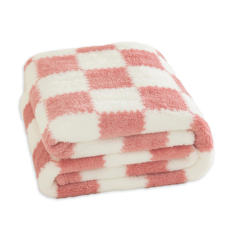 Checkered Lightweight Soft & Cozy Flannel Fleece Throw Blanket for Sofa & Bed in All Season, Pink/White, 150cm x 200cm