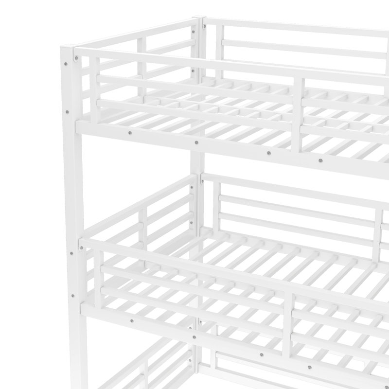 Bunk Bed, Heavy-Duty Metal Triple Bunk Bed with Guardrails and Noise-Reducing Design, Space-Saving, White