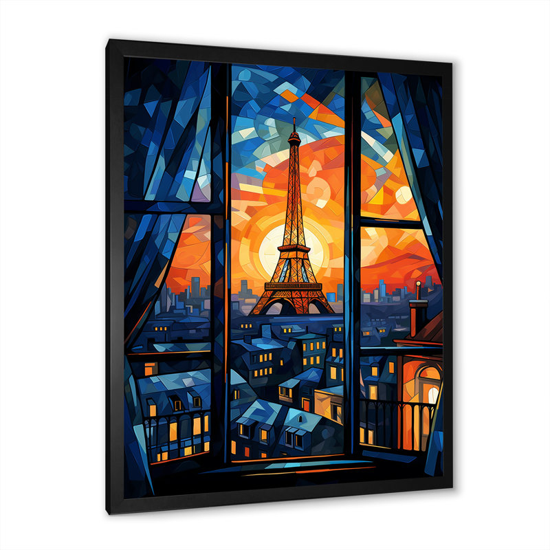 Cubic Paris Window View Elegant Sunset I - City Paris, art mural, H 40 po x l 30 po x P 1,5 po, Cadre simple noir