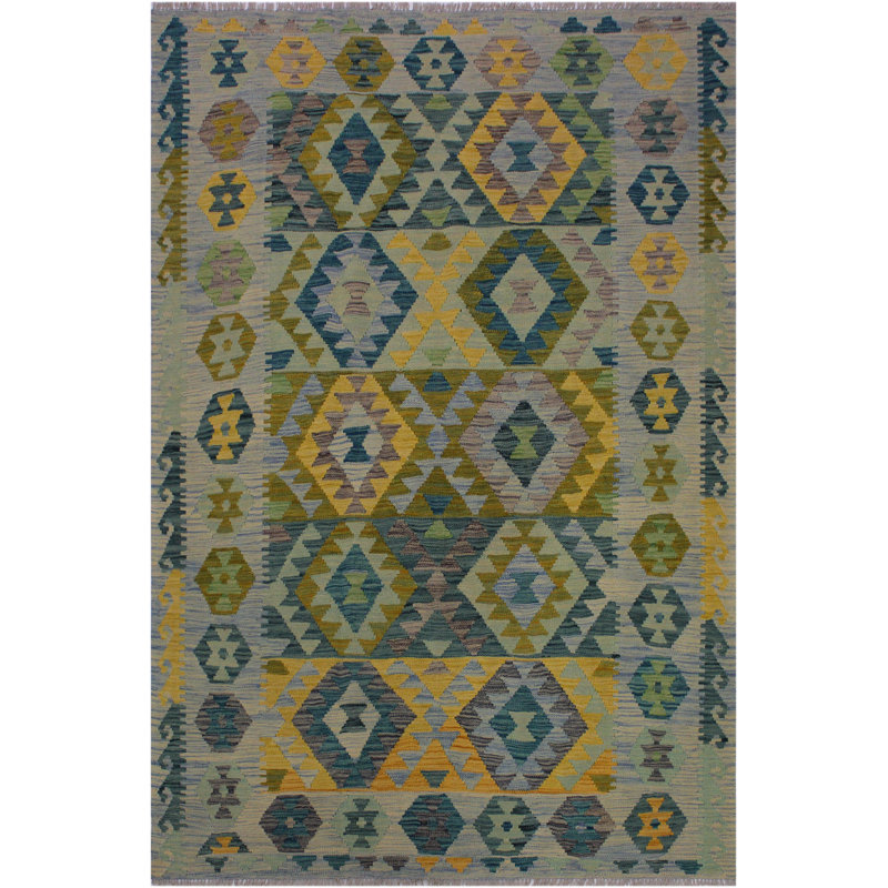 Tapis géométrique vert / jaune / gris en laine fabriqué à la main 5 pi 3 po x 6 pi 8 po Madee