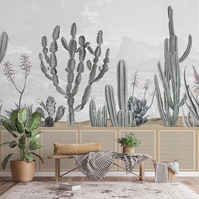 Papier peint botanique paysage de cactus gris - décoration murale minimaliste moderne du sud-ouest de la nature pour le salon, la chambre à coucher et le hall