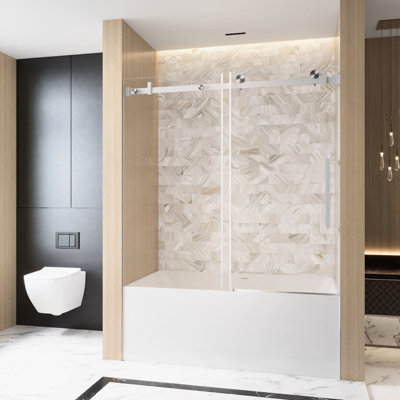Porte de douche coulissante simple pour l'intérieur de salle de bain, l 56 à 60 po x H 60 po, verre trempé transparent de 1/4 po et 6 mm, couche de film protecteur, rail carré en acier inoxydable, grande poignée en nickel brossé,