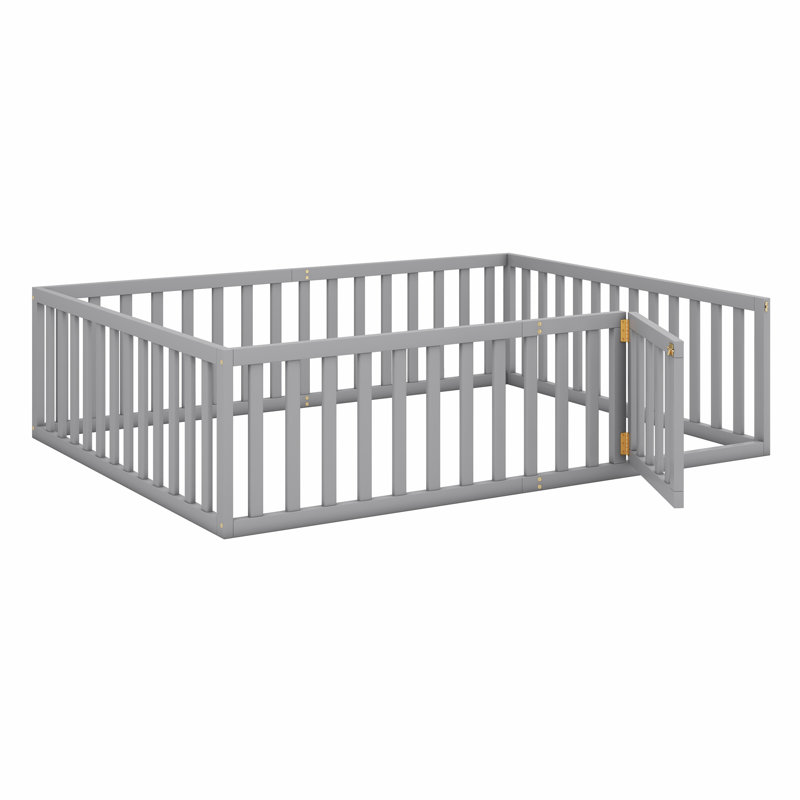 Structure de lit pour grand lit en bois avec clôture et porte pour chambre à coucher, gris, Gris, Grand