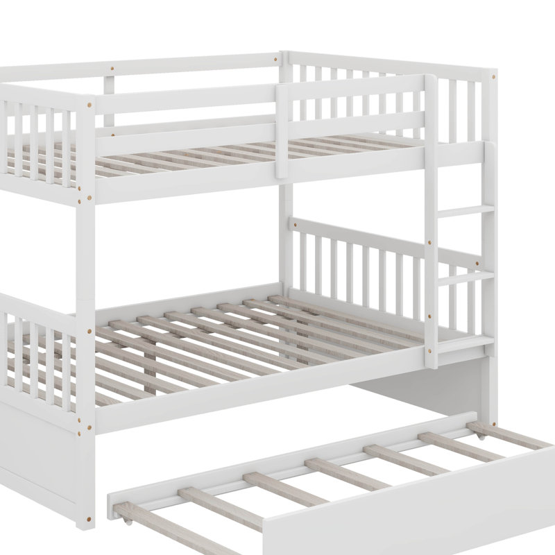 Full Over Full Rubber Wood Bunk Bed With Pull-Out Trundle, Convertible To Two Independent Beds, White