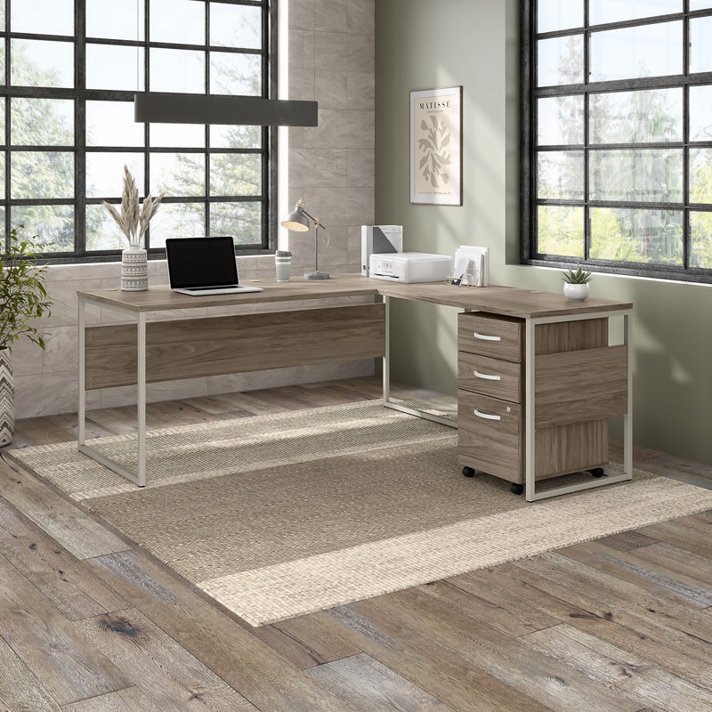  Ensemble de bureau d'ordinateur en forme de L en hickory moderne réversible Jovonne, Hickory moderne