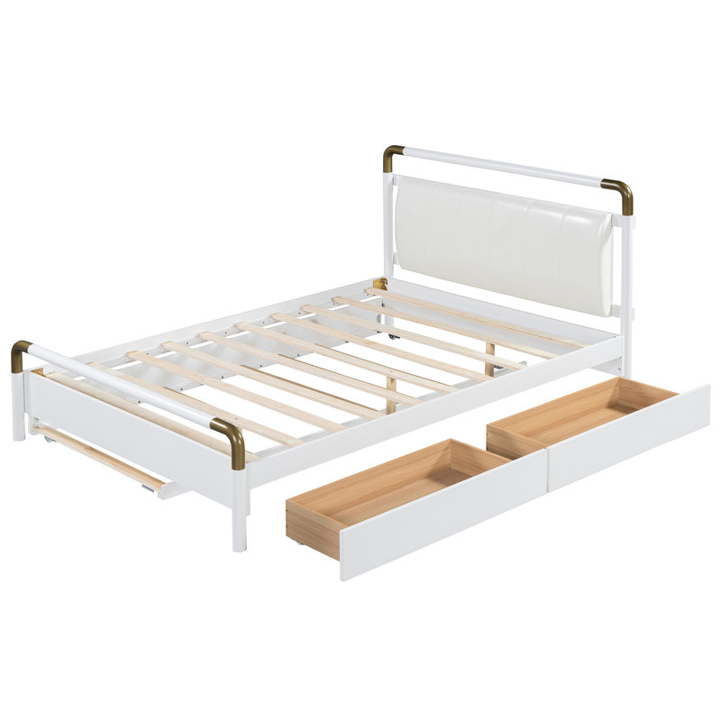 Grand lit plateforme blanc avec 2 grands tiroirs et un lit gigogne pour un espace de vie confortable et élégant, Blanc