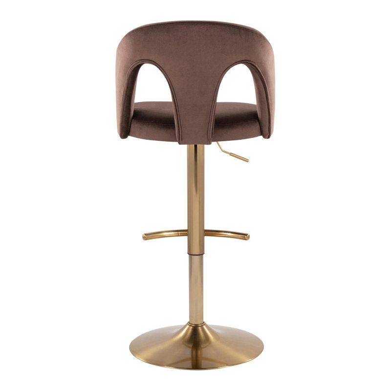 Tabouret de bar réglable en métal doré et velours espresso avec repose-pieds arrondi en T - ensemble de 2, Gold