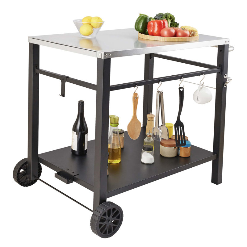 Outdoor Grill Dining Cart With Double-Shelf, Portable Food Prep Table, Stainless Steel Worktop, Modular BBQ Station For Pizza Oven And Outdoor Cooking.