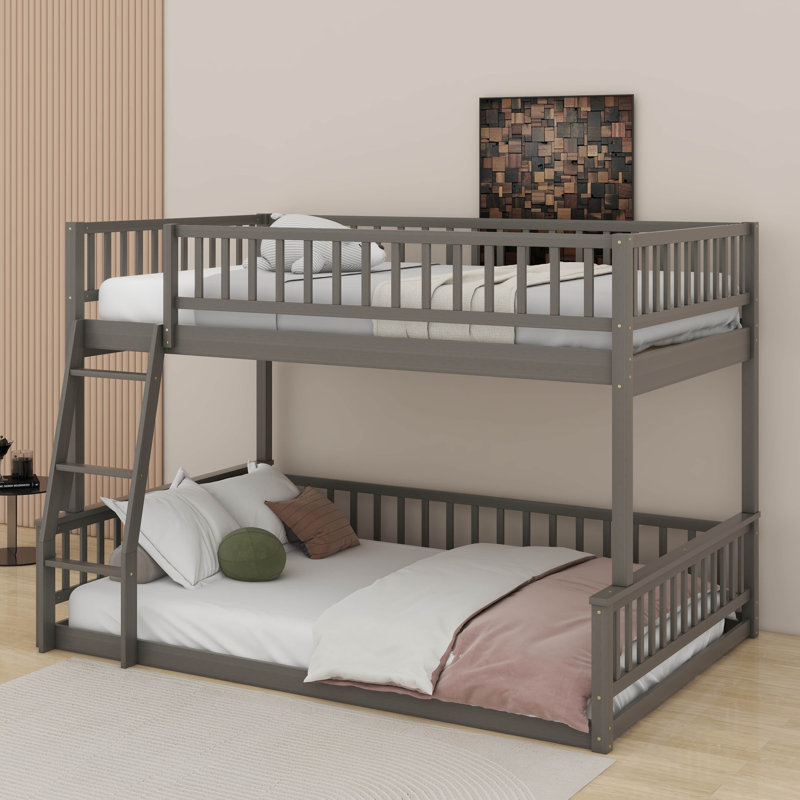 Full XL Over Queen Bunk Bed With Guardrails, Gray