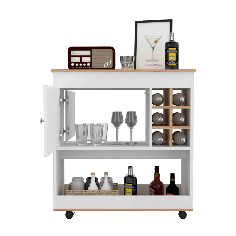 Chariot-bar, panneau inférieur, six casiers à bouteilles, une armoire