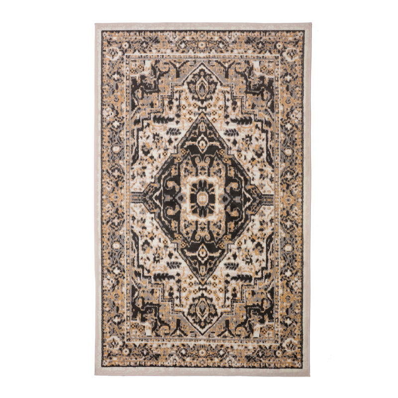 Tapis oriental noir / beige / blanc cassé, Rectangle 3 pi 6 po x 5 pi 6 po