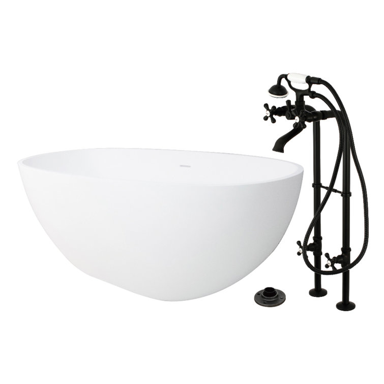 Kingston Arcticstone 65-Inch Solid Surface Oval Double Ended Freestanding Tub With Faucet Combo And Drain