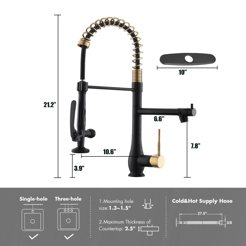 Double-Head Stainless Steel Kitchen Faucet With Pull-Down Nozzle, Single Handle High-Pressure Kitchen Sink Faucet, Black/Gold