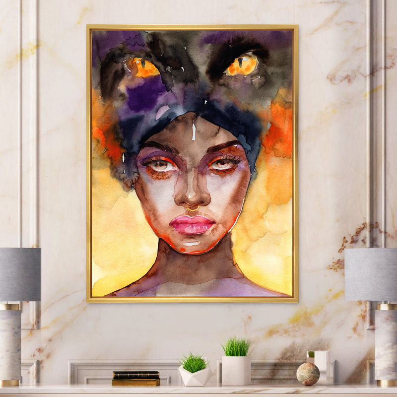 Portrait d'un élégant mannequin V - œuvre d'art sur toile Glam, H 32 po x l 16 po x P 1 po, Toile encadrée flottante dorée