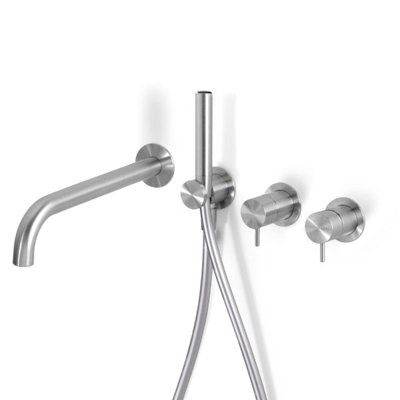 Acquaco Linki Loop Wall Mount Four-Hole Two Handle Bathtub Faucet with Hand Shower