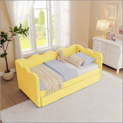 Lit de jour en vichy douillet avec couchette, canapé-lit simple, aucun sommier nécessaire, port USB, forme de vague adorable, tissu en lin