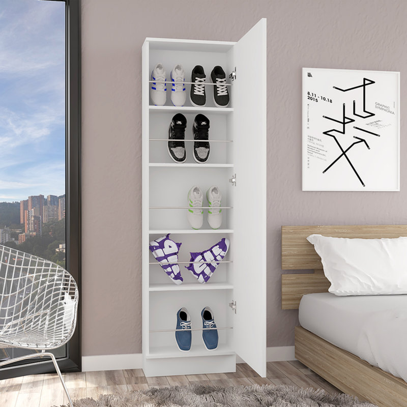 Range-chaussures, miroir, cinq tablettes intérieures, armoire à une porte, Blanc