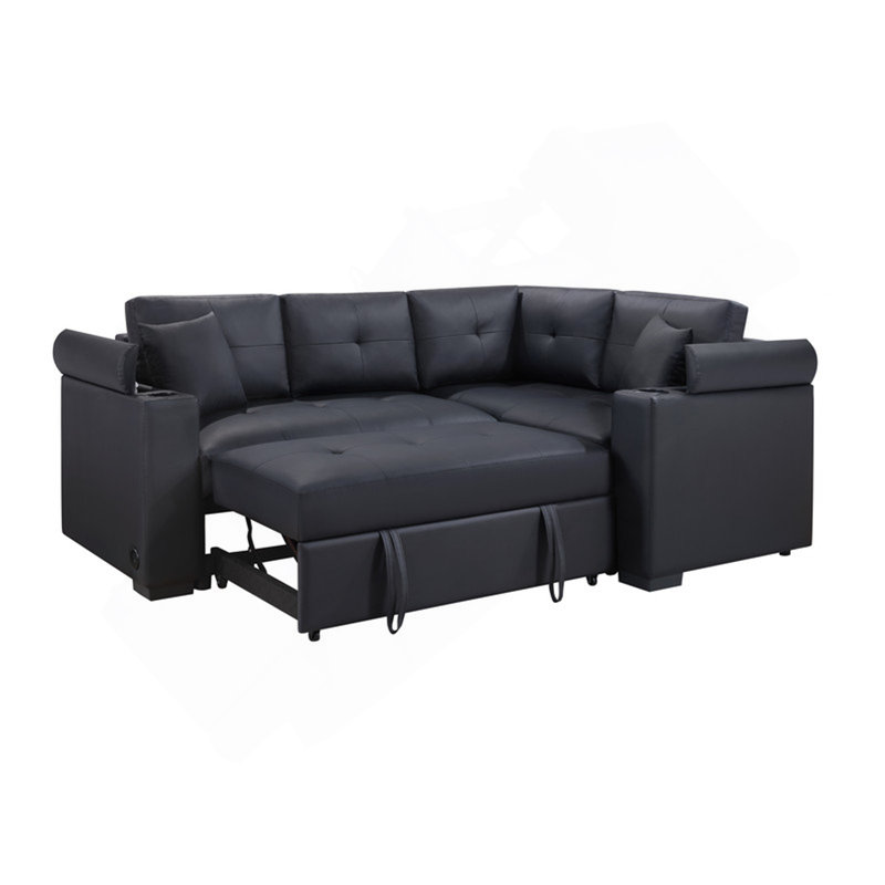 Canapé-lit modulaire en tissu PVC noir avec chargeur USB, porte-gobelets, accoudoirs de rangement l 84,5 po Donovan