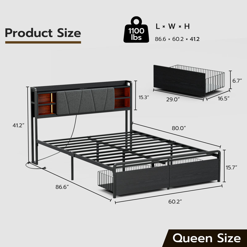 Ortenzia Bed Frame with Storage Headboard, Drawer, Charging Station and LED Light, Black, Queen