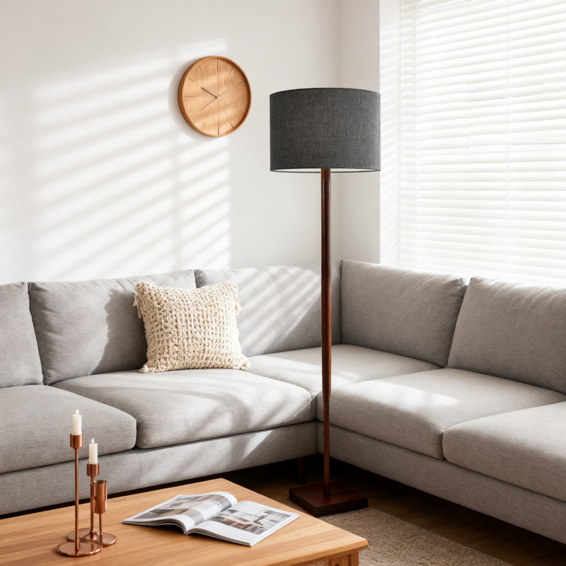 Lampe sur pied de 58,5 pouces avec base en noyer et abat-jour en tissu gris, luminosité réglable à 3 voies pour la chambre à coucher, le salon et l'éclairage de bureau