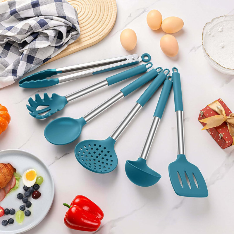 Ensemble d'ustensiles de cuisine en silicone 6 pièces avec poignées en acier inoxydable, ustensiles de cuisine résistants à la chaleur et antiadhésifs pour la cuisson, la cuisson, le mélange et l'agitation