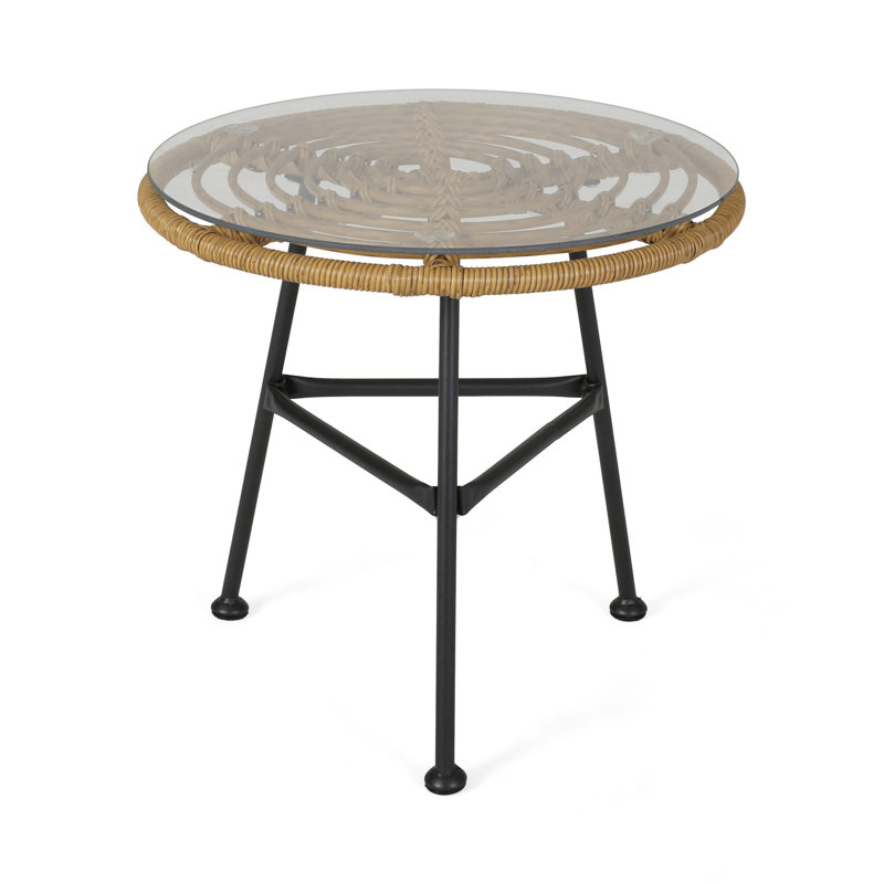 Orlando Outdoor Glass Top Faux Rattan Side Table(Only Including Table), Light Brown