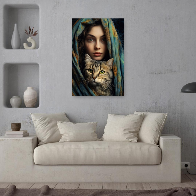 «Mysterious Woman and Cat», reproduction d'art mural contemporain, H 36 po x l 24 po