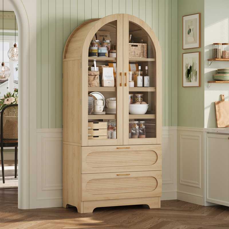 71" High Arched Cabinet With Glass Doors,  Storage Wooden Pantry With 4 Shelves & 2 Drawers, With LED Lighting, Natural