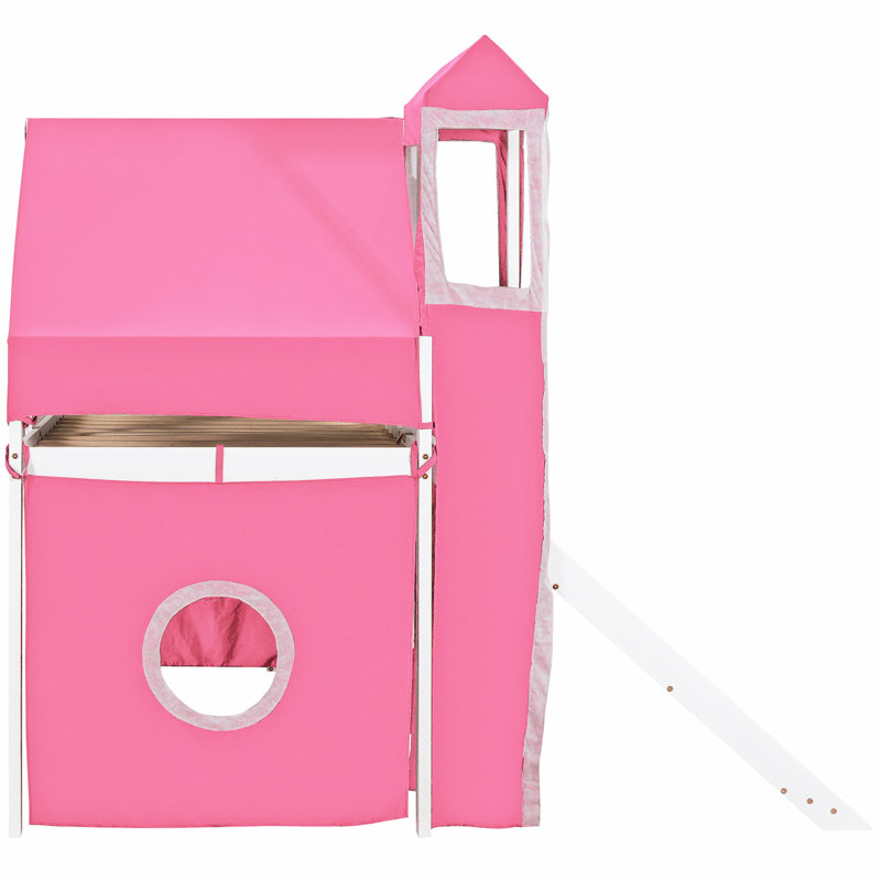 Lit mezzanine simple rose avec tente et tour, fait de pin massif, - Style de conception, construction spacieuse sous la taille, fenêtre inspirée, espace semi-fermé