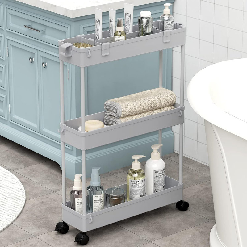 Slim Rolling Storage Cart, 3 Tier Storage Organizer Utility Cart Mobile Shelving Unit, Grey