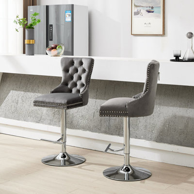 Velours pivotant réglable de 25 à 33 po de hauteur en gris, de 2, rembourré moderne avec base de 17,7 po, siège en forme de losange et d'éponge pour îlot de cuisine, hauteur, 2 boutons gris, bar pour la maison