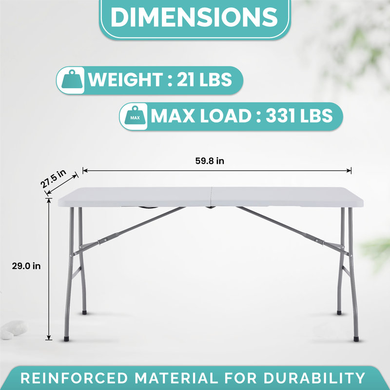Table pliante en plastique 6 pi, table de pique-nique portable extérieure et intérieure, poignée - blanc, Blanc