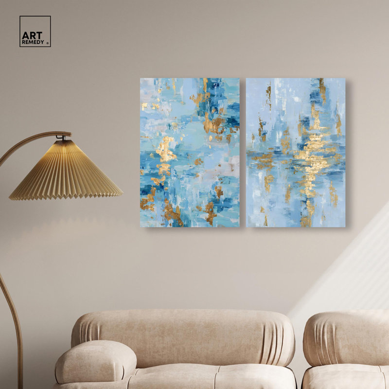 Ensemble de toiles « Gilded Ocean » - Décoration murale bleue par Art Remedy, cadre noir, 10 x 15, H 24 po x l 16 po