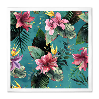 «Pink Tropical Flowers On Teal», reproduction d'art sur toile traditionnelle