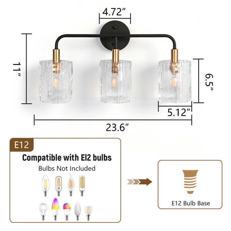 Meuble-lavabo à 3 lumières en or noir mat clair transparent à volants antirouille 23,6 po
