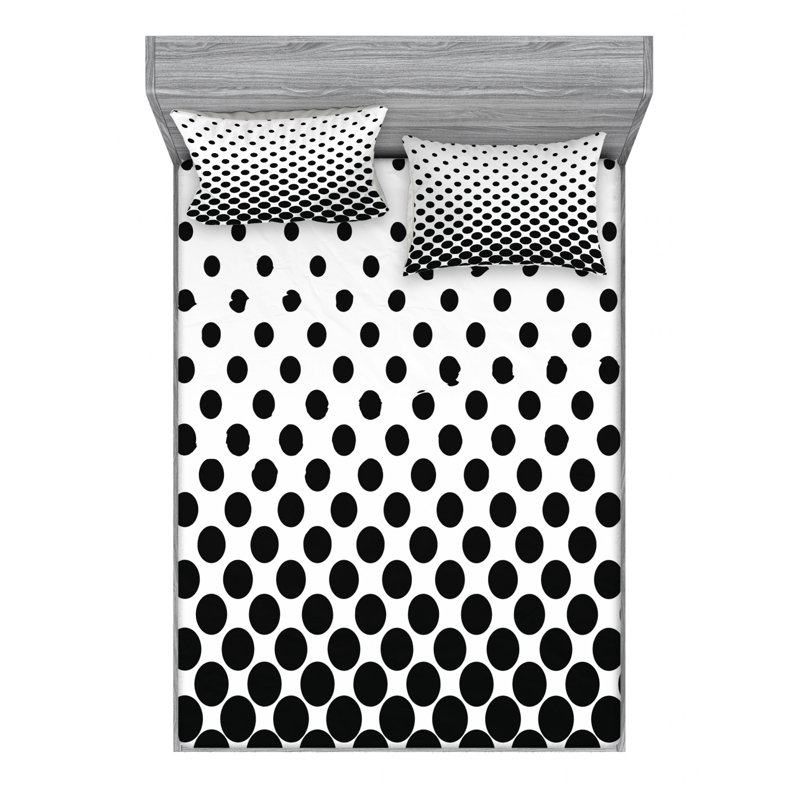 Microfiber Sheet Set, Queen Sheet Set + Fitted Sheet + 2 Pillowcases, Black/White Polka Dots