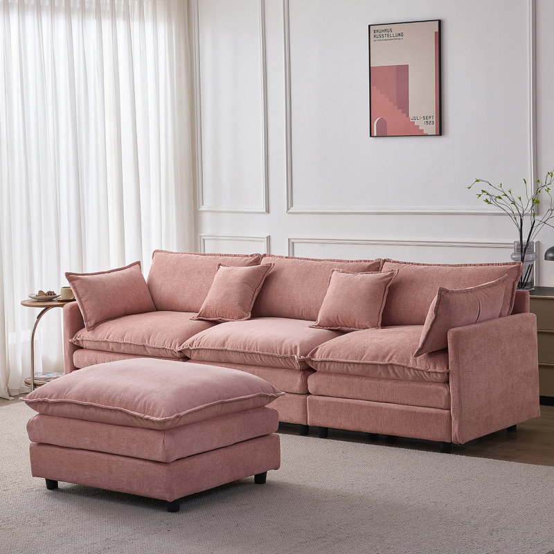 Modular Sectional Couch, Upholstered Sofa, 3-Seater Sofa With Ottoman, Pink