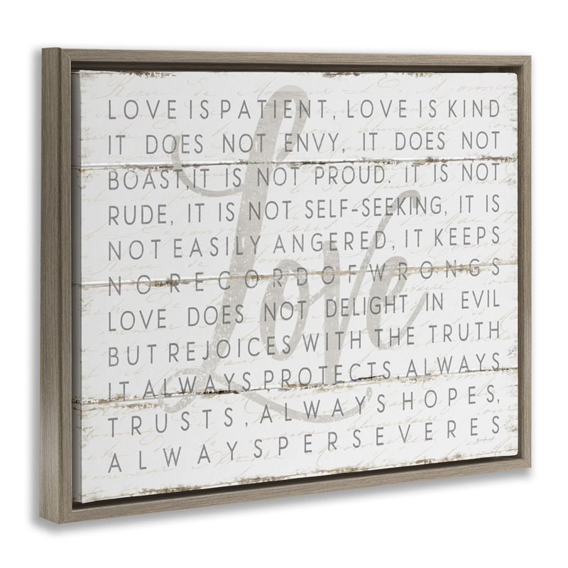 «Love is patient» sur un look de planches blanches, H 21 po x l 17 po, Cadre flottant orme Montalcino