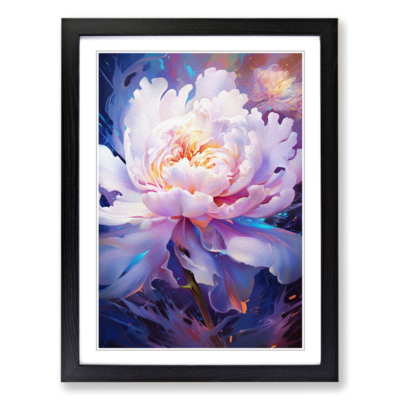 Peony Flower Futurism - Single Picture Frame Print on Wood, 46cm H x 34cm W x 2cm D, Black Framed
