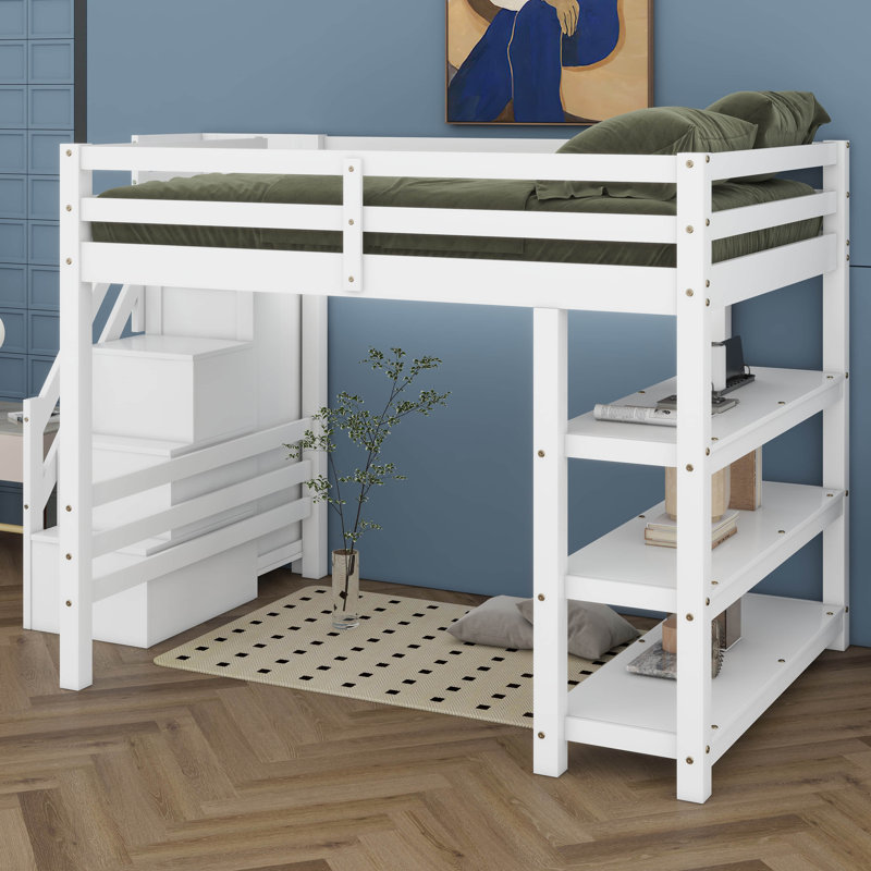 Lit mezzanine avec escalier de rangement et tablettes, structure de lit mezzanine en bois massif avec petite armoire et lumière DEL