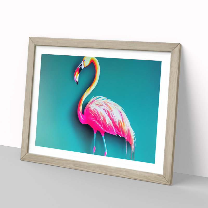 Magnetic Flamingo - Framed Print, 34cm H x 46cm W x 2cm D, Oak