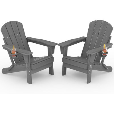 Folding Adirondack Chair Set Of 2, All-Weather HDPE Outdoor Chair, Wooden Textured With Cup Holder For Patios, Decks, Gardens, Fire Pits, Grey