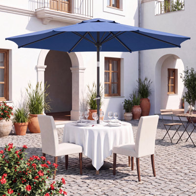 9' Outdoor Umbrella with Navy Blue Polyester Fabric, Patio Umbrella with Steel Ribs Market Table Umbrella with Push Button Tilt and Crank UV Protection Waterproof