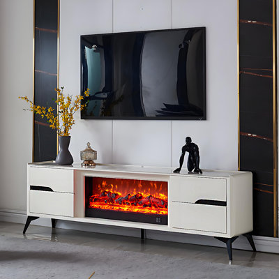 78.74" Modern Minimalist White Sintered Stone Top, Elevated Leg Design, 3D Simulated Flame Heating Fireplace TV Stand, All‑in‑One Villa Decor Cabinet