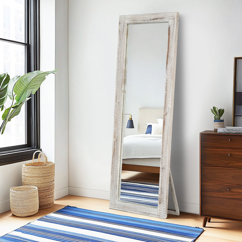 Elegant Full-Length Mirror With Washed White Frame - Durable Pine Wood, Freestanding Or Wall-Mounted Versatility For Bedroom, Living Room, And Entryway Decor