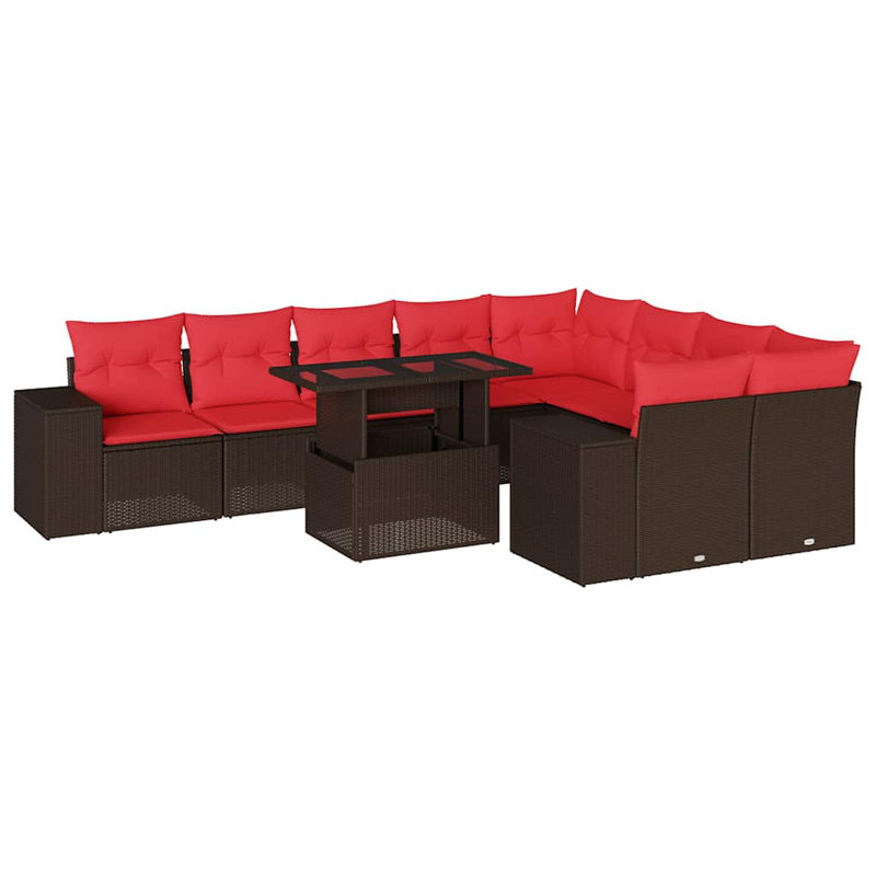 Ensemble de canapé de patio 10 pièces avec coussins en rotin de polyester, Rouge, Brun